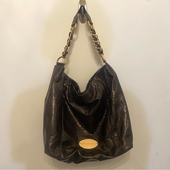 Dana Buchman Brown & Gold Snakeskin Slouchy Shoulder Bag Purse - Picture 1 of 16